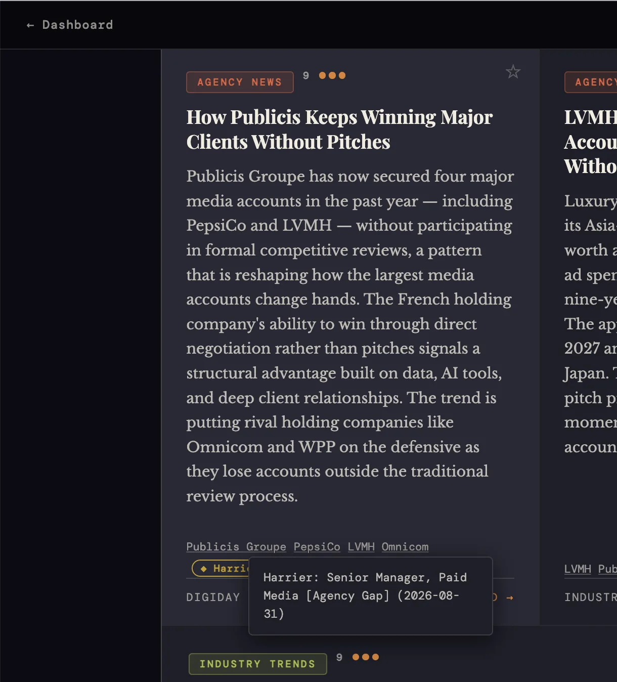 A Caracara story about Publicis with a Harrier chip, its tooltip showing the hiring signal behind it