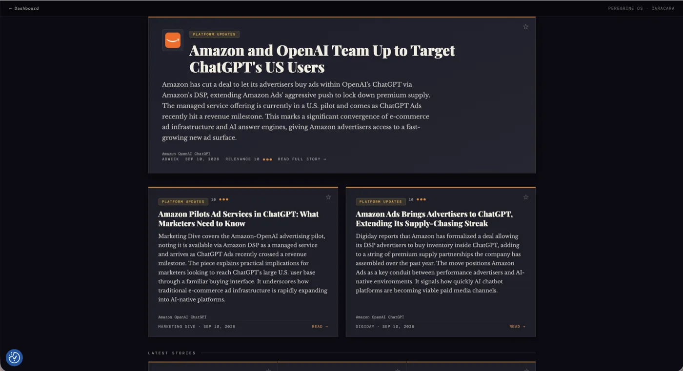 The Caracara feed showing scored stories with categories, sources, and relevance scores
